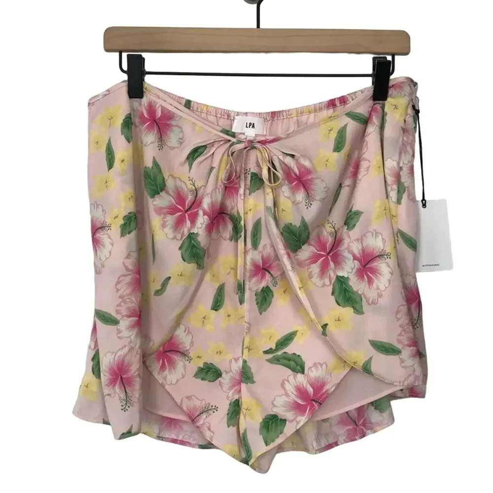 LPA Benni Faux Wrap Shorts Floral Pink Size XL NEW